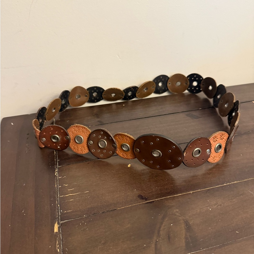 Boho Leather Concho Disc Belt Brown & Tan Western Bohemian Waist Belt